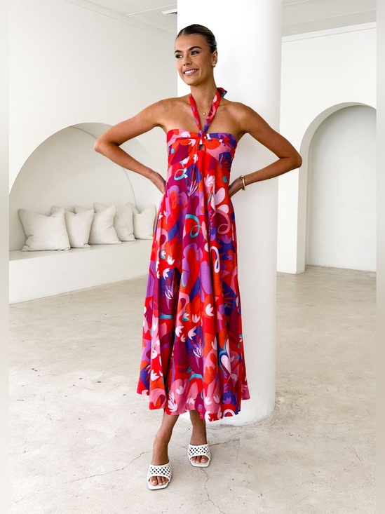 Petal & Pup Dresses & Skirts - Halter Maxi Dress colorful tropical Strawberry Abstract print midi vacation